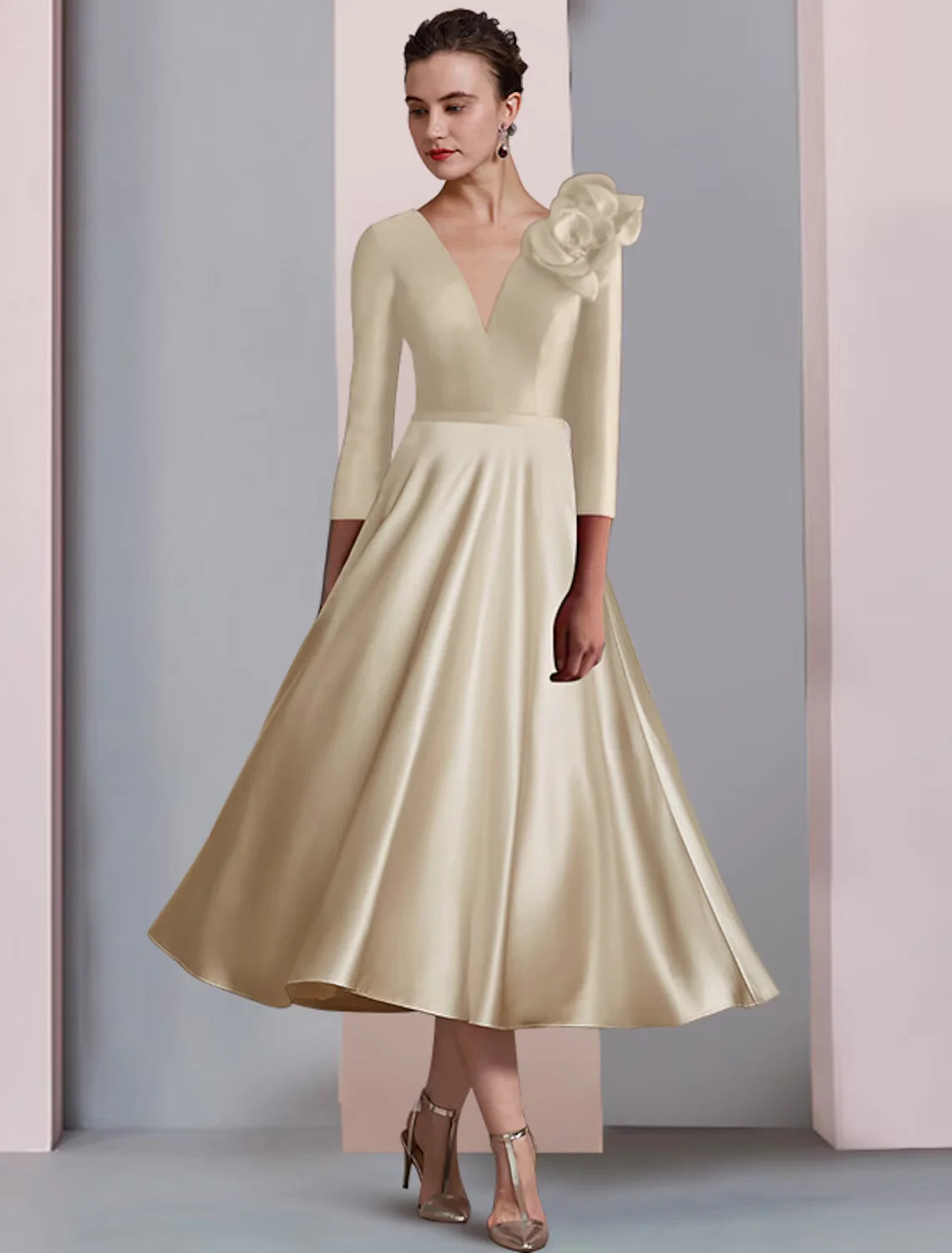 A-Line Mother of the Bride Dress Wedding Guest Elegant V Neck Tea Length Satin 3/4 Length Sleeve with Pleats Flower