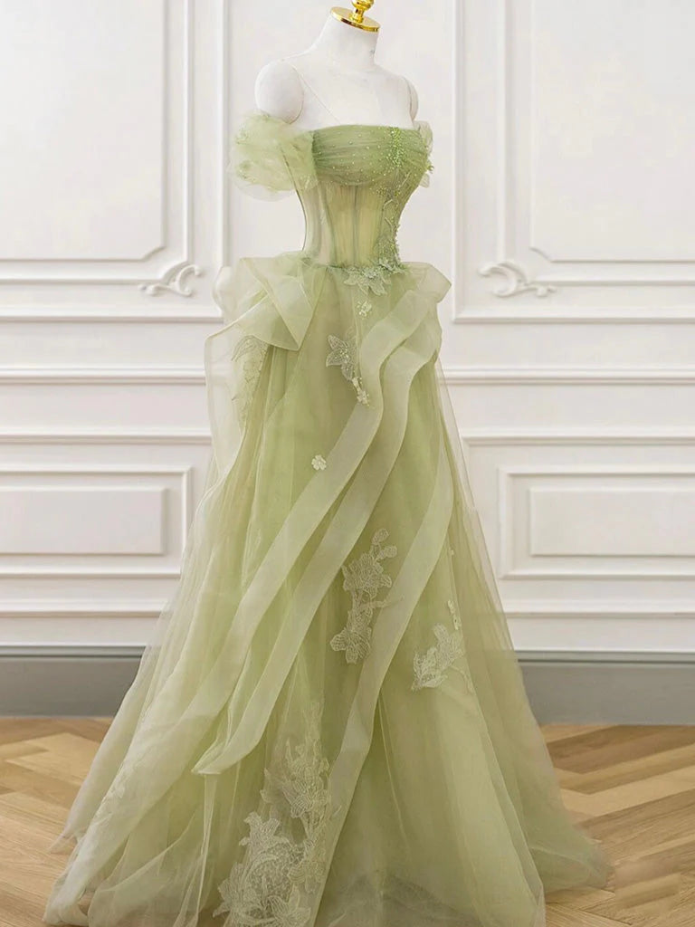 A-Line Off Shoulder Tulle Lace Green Long Prom Dress