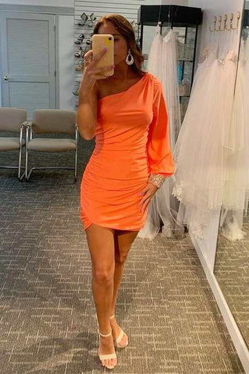 One Sleeve Ruched Mini Homecoming Dress