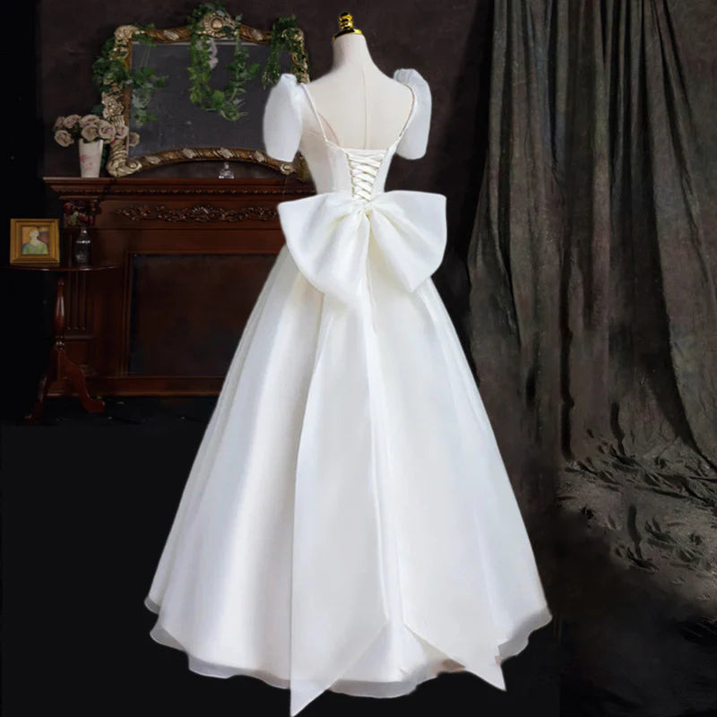 White Satin Wedding Dress Short Sleeves Long Prom Dress