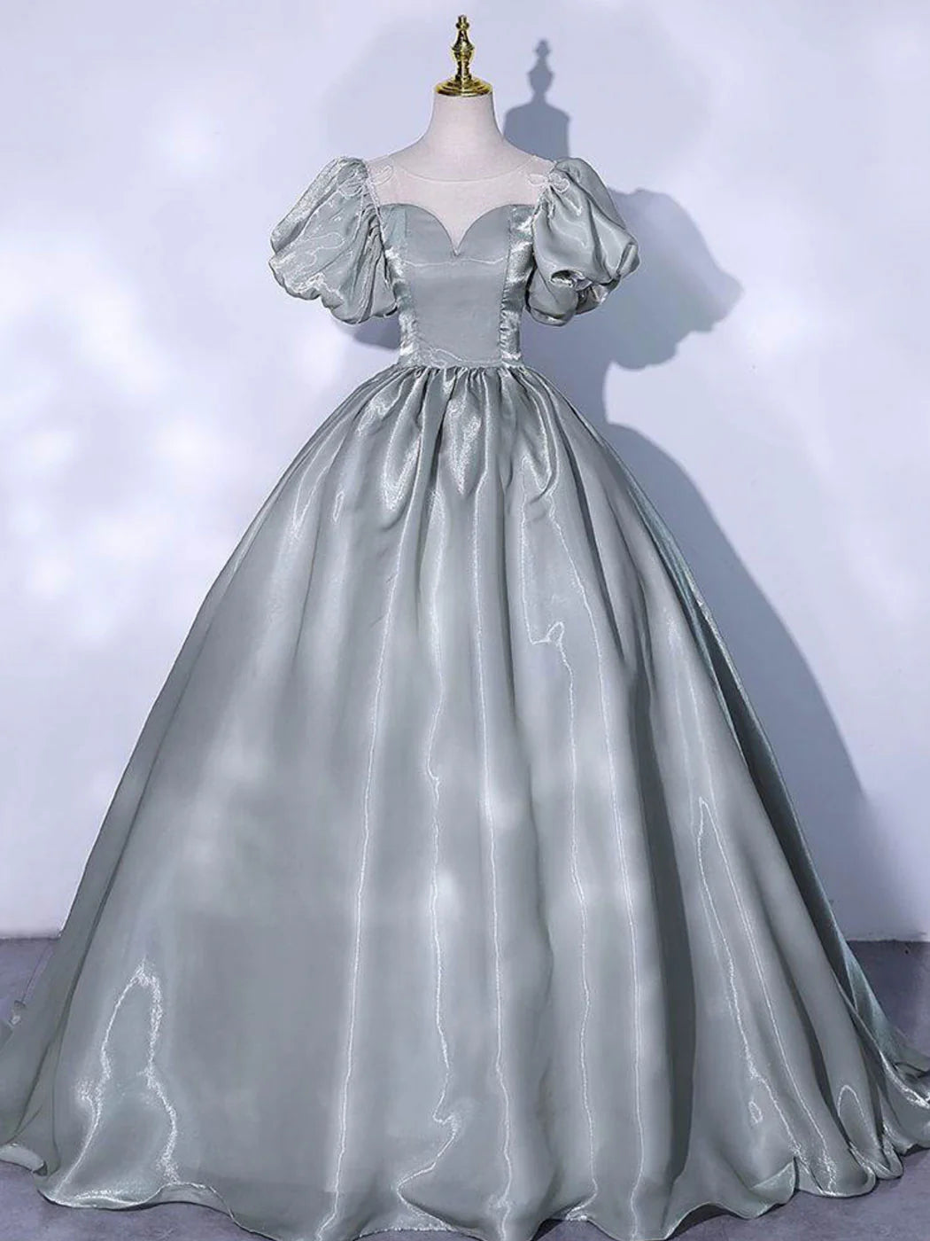 Gray round neck satin long prom dress