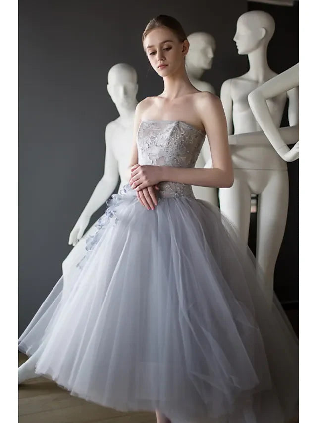 DingjiBall Gown Elegant Vintage Graduation Engagement Dress Strapless Sleeveless Tea Length Tulle with Tier Appliques