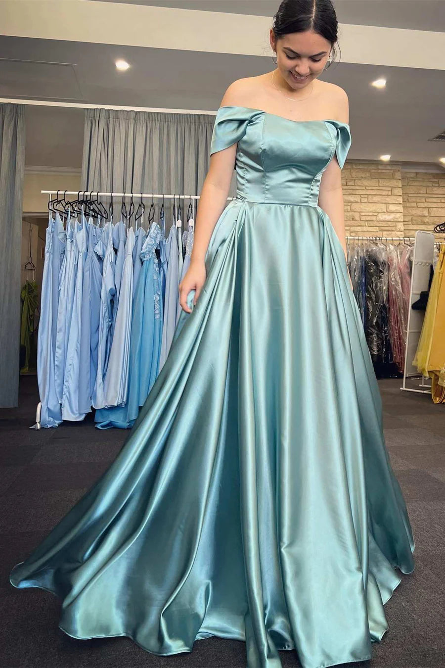 Turquoise Off-the-Shoulder A-Line Prom Gown