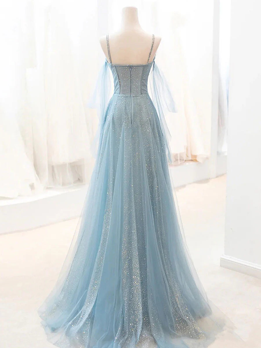 V Neck Tulle Sequin Long Prom Dress Blue Evening Dress