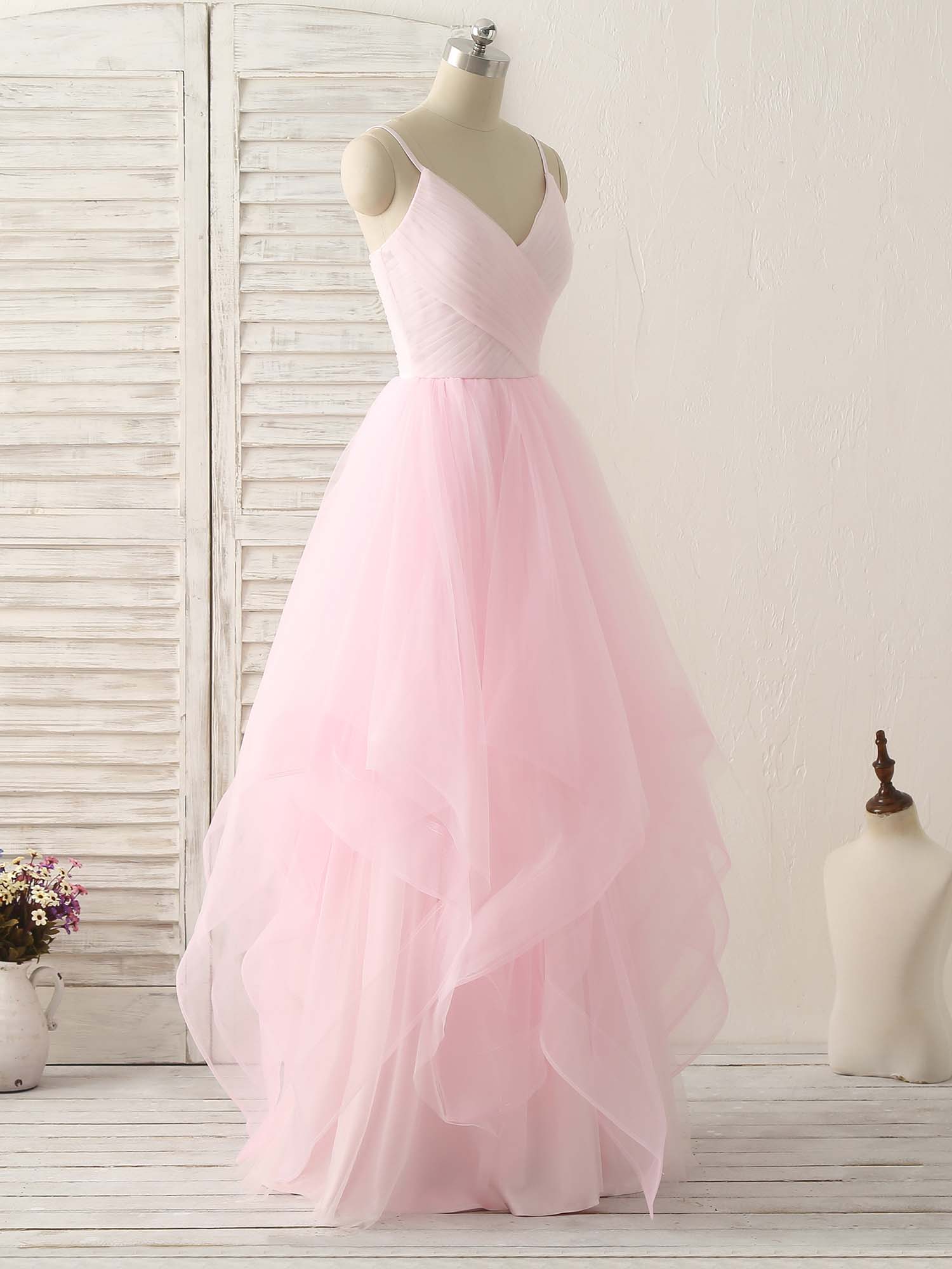 V Neck Tulle Long Prom Dress Simple Pink Tulle Evening Dress