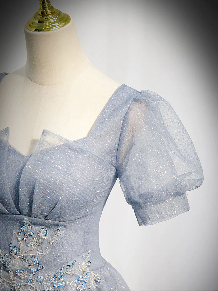 Tulle Long Prom Dress Gray Blue Tulle Formal Evening Dresses