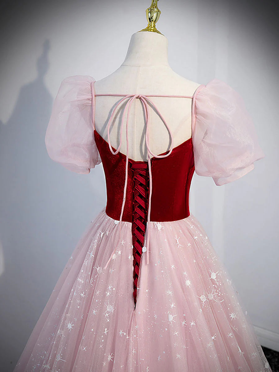 A line Tulle Long Prom Dress Pink Tulle Evening Graduation Dresses