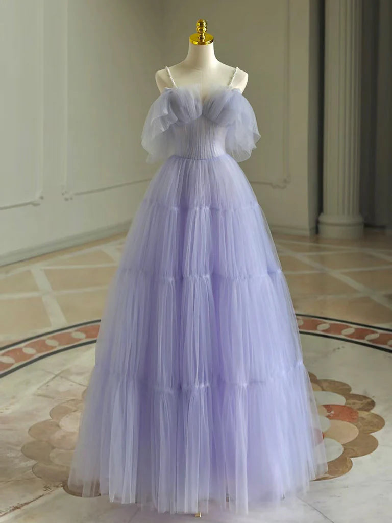 A-Line Tulle Purple Long Prom Dress Purple Long Graduation Dress