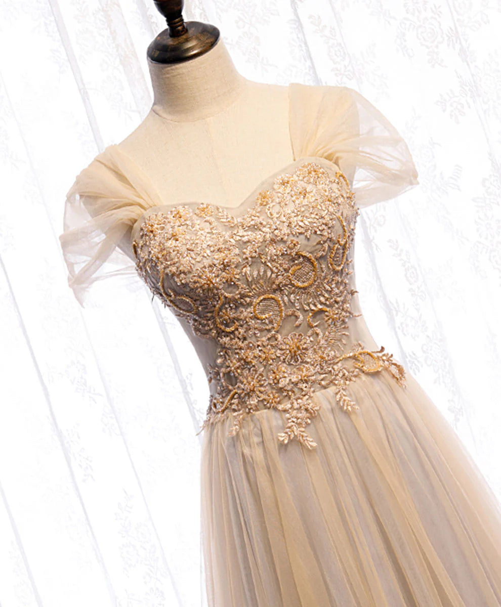 Sweetheart Tulle Lace Long Prom Dress Champagne Formal Dress