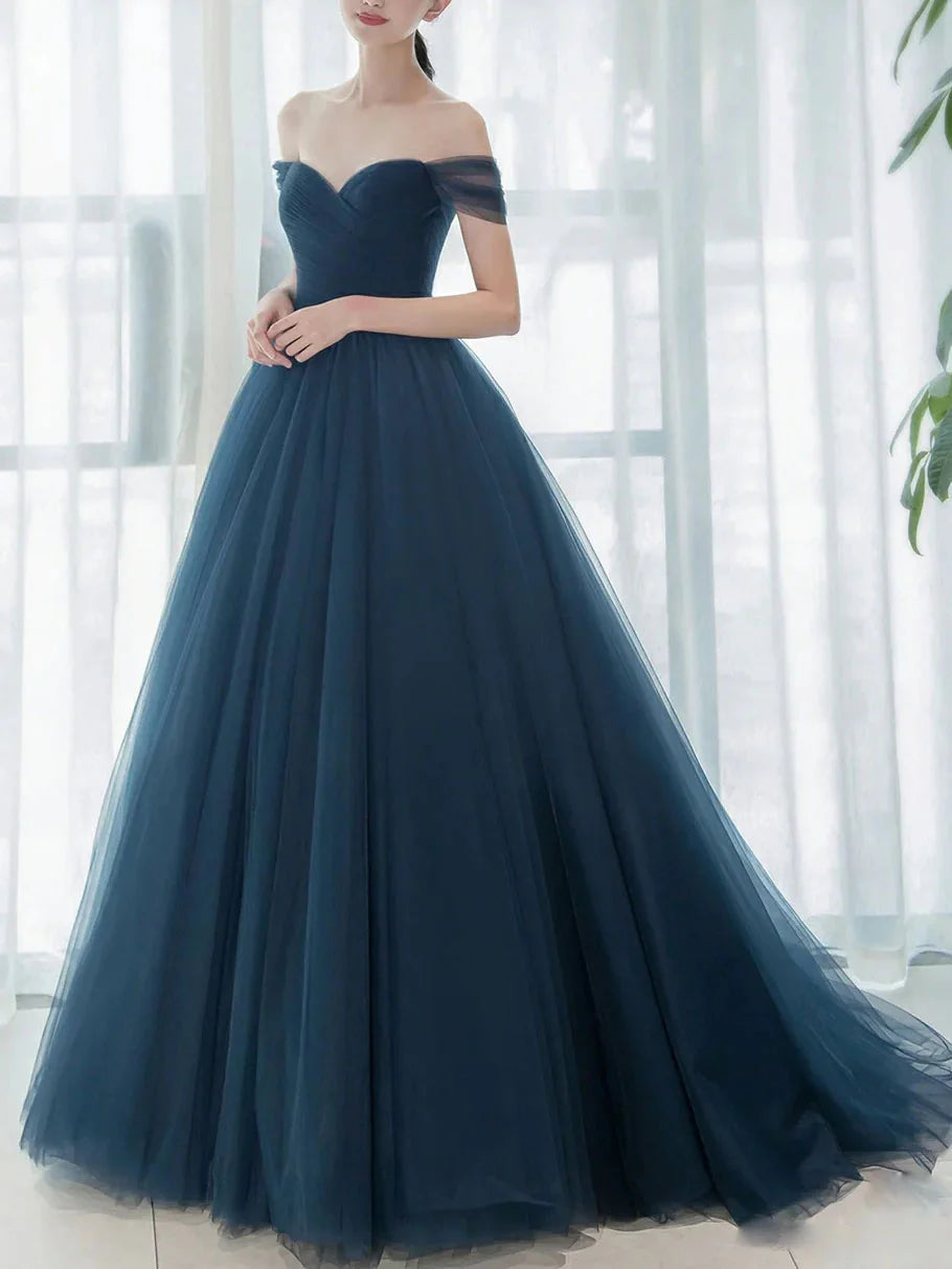 Blue off Long Prom Dresses V Neck Tulle Bridesmaid Dresses