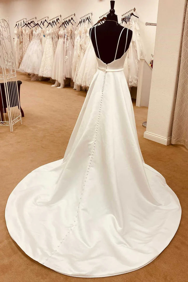 Elegant Satin Spaghetti Straps Backless Long Wedding Dress