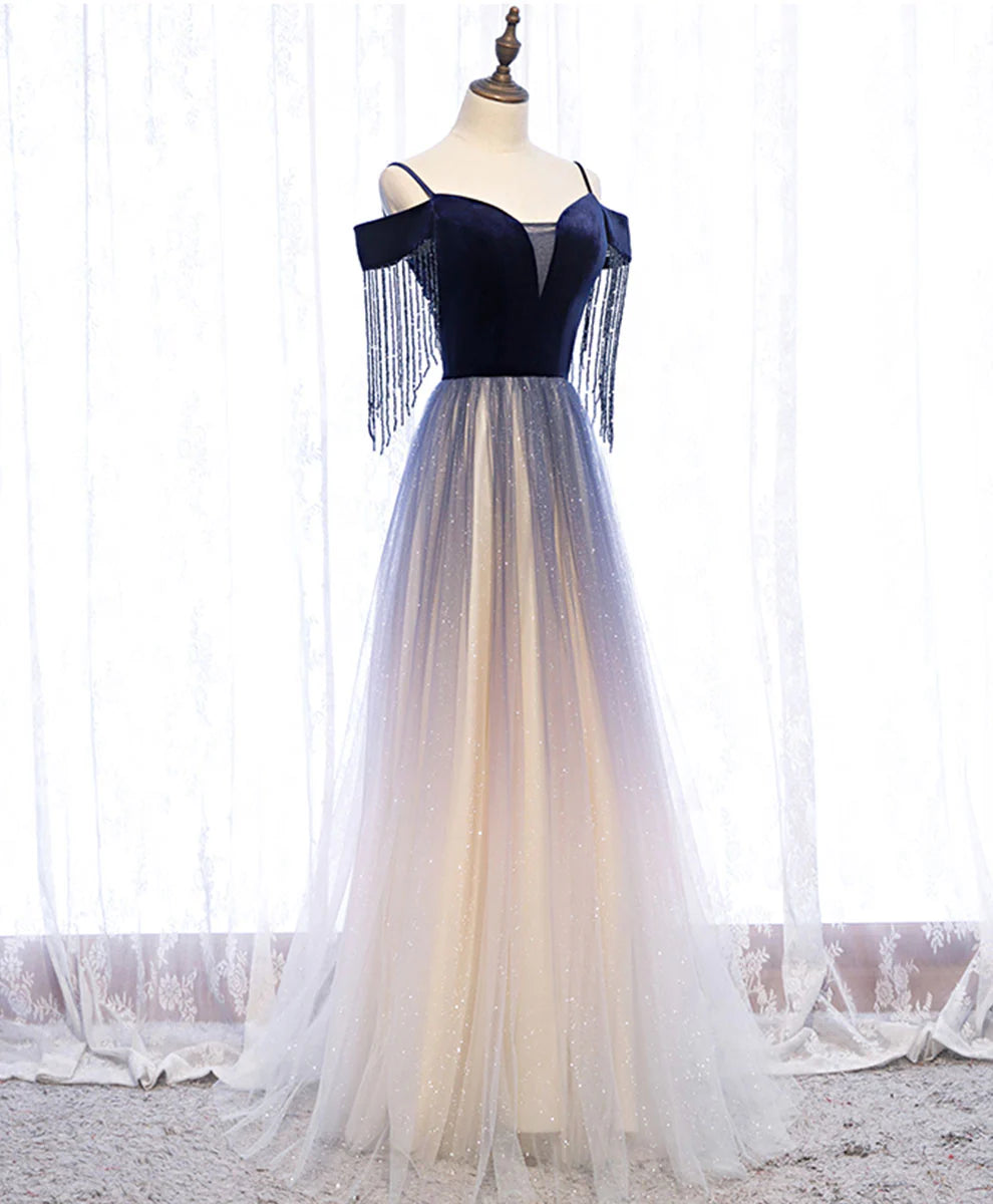 Tulle Long Prom Dress Blue Tulle Formal Dress with Beading Velvet