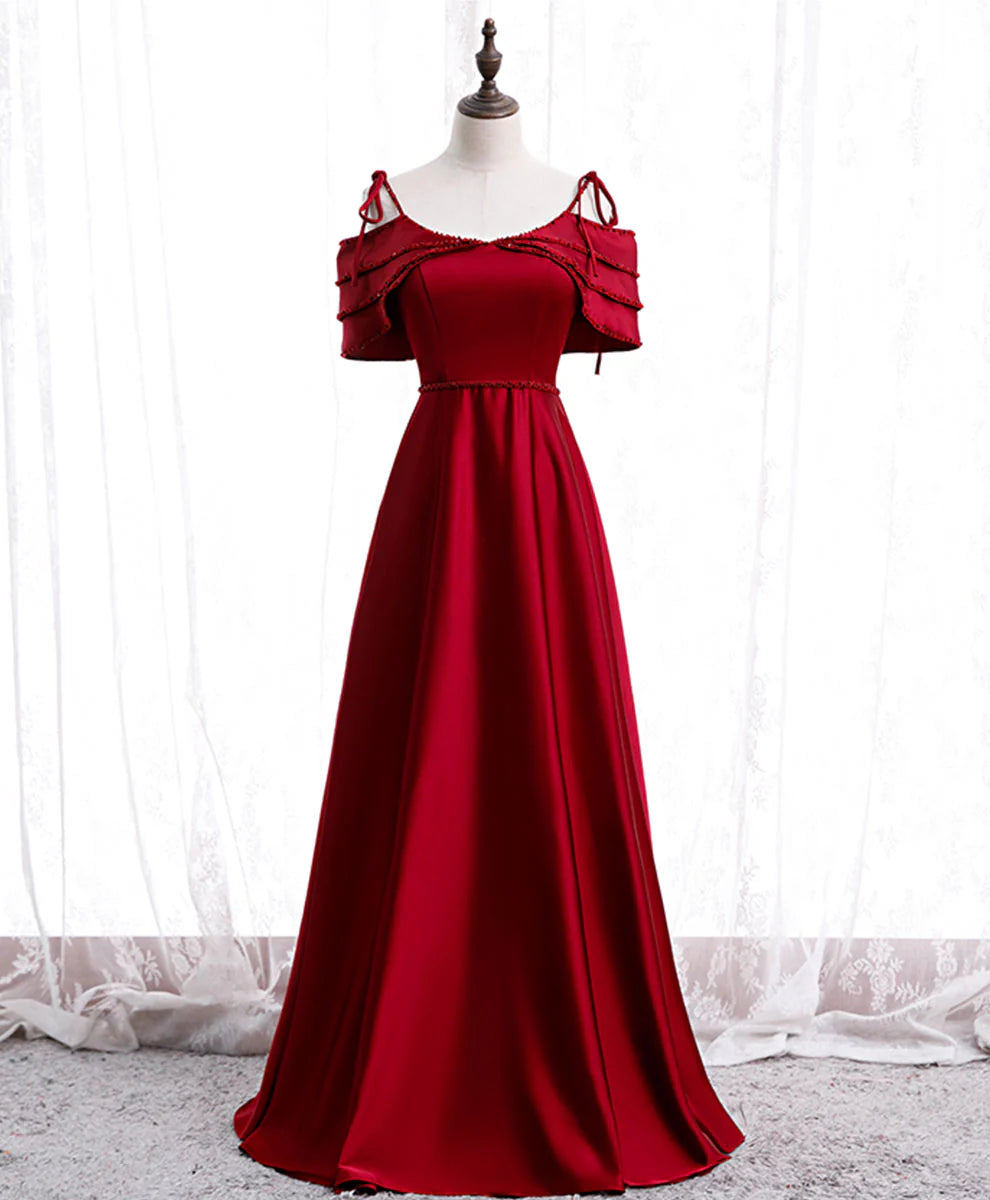 Satin Beads Long Prom Dress Burgundy Evening Dress
