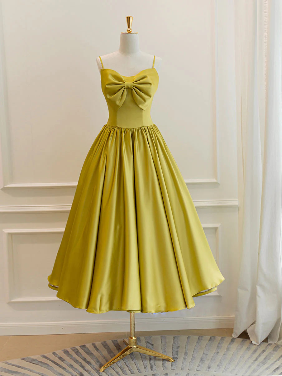 Yellow Satin Tea Length Prom Dress Yellow Homecoming Dress