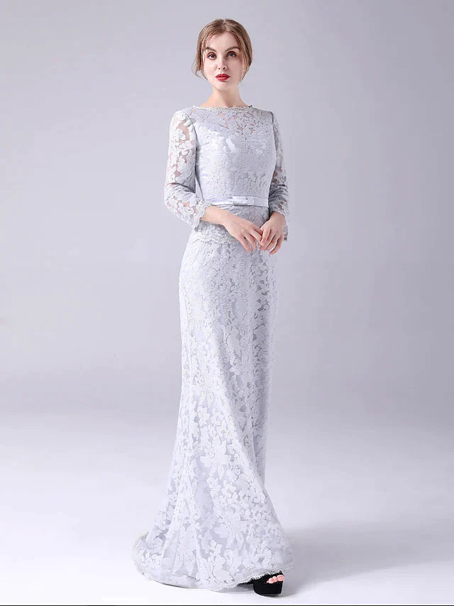 Mother of the Bride Dress Elegant Sweet Jewel Neck Floor Length Lace Long Sleeve with Sash Ribbon Bow(s)