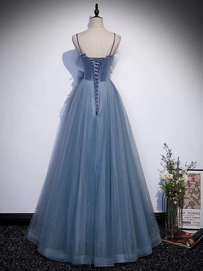 Gray blue tulle long prom dress gray blue A line evening dress