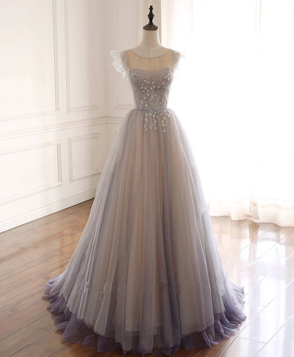 Round Neck Tulle Long Prom Dress A line Formal Graduation Dress
