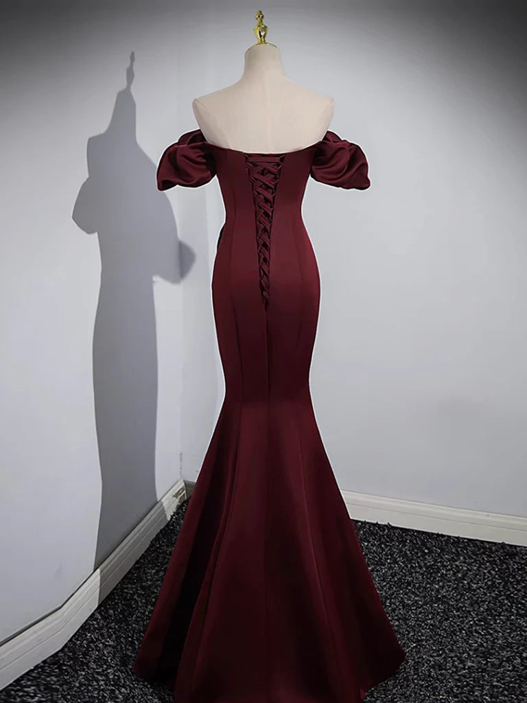 off Shoulder Satin Burgundy Long Prom Dress Burgundy Formal Dress