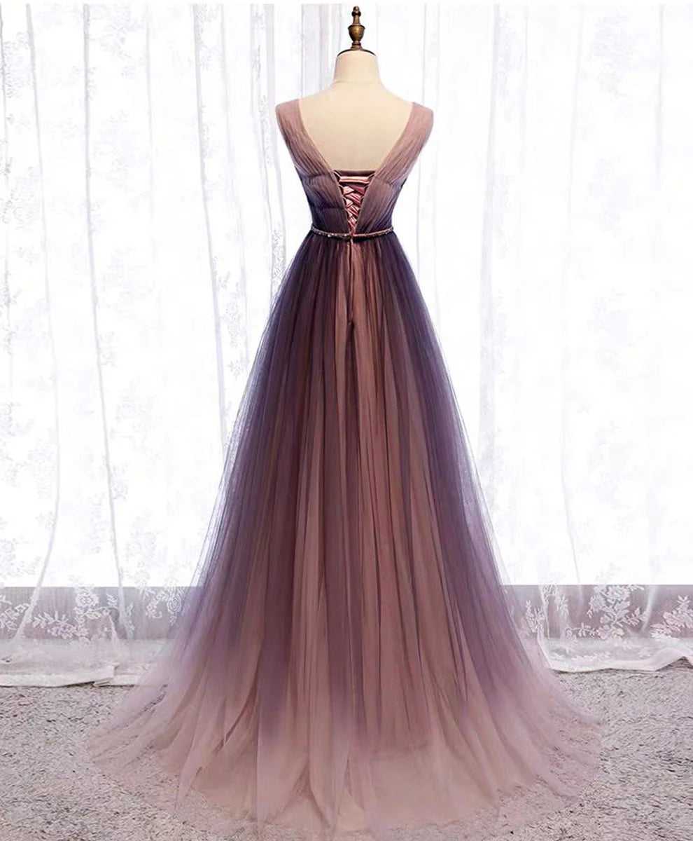 V Neck Tulle Long Prom Dress Tulle Evening Dress