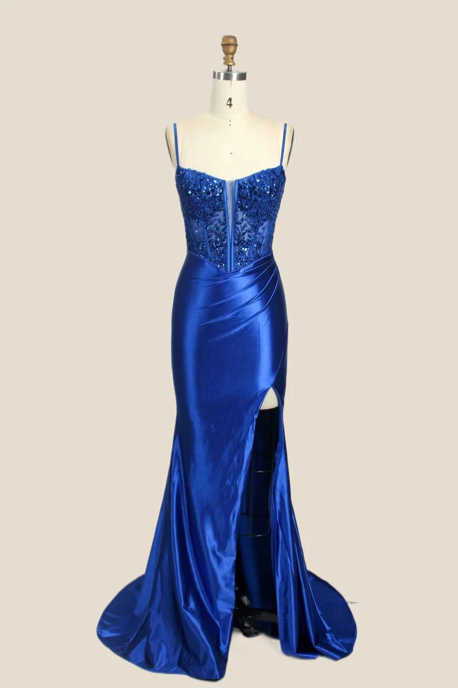 Royal Blue Appliques Ruched Mermaid Long Prom Dress