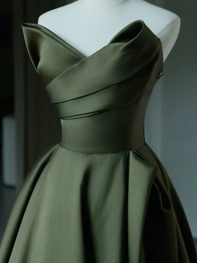 A-Line V Neck Satin Green Long Prom Dress