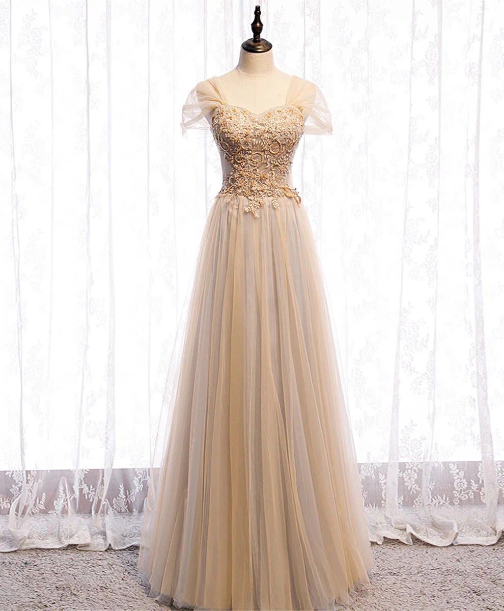 Sweetheart Tulle Lace Long Prom Dress Champagne Formal Dress