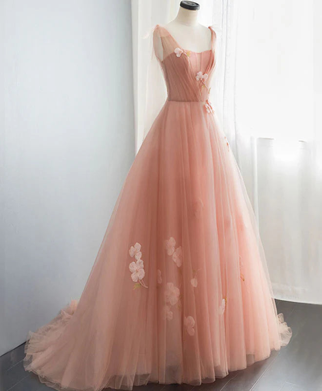 V Neck Tulle Long Prom Dress Tulle Pink Evening Dress