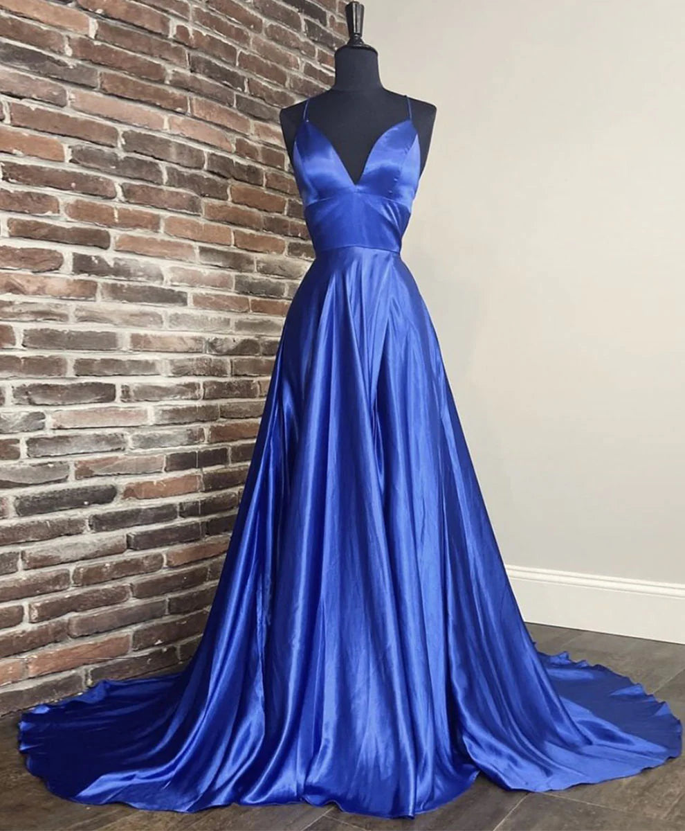 V Neck Blue Satin Long Prom Dress Blue Formal Dress