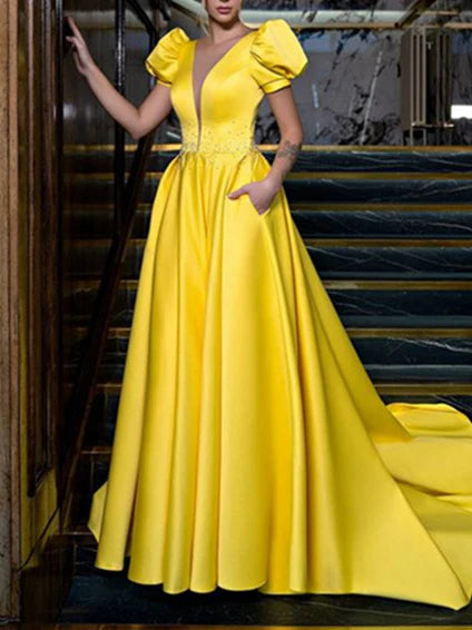 A-Line/Princess V-Neck Floor-Length Prom Dresses