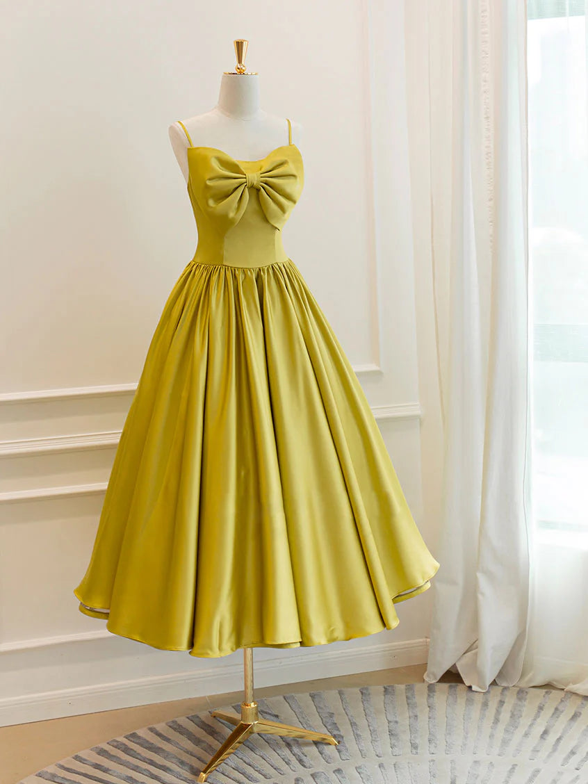 Yellow Satin Tea Length Prom Dress Yellow Homecoming Dress