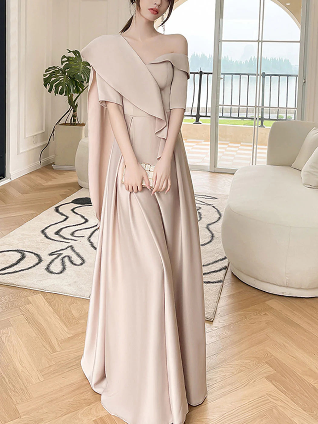 A line Long Prom Dress Champagne Bridesmaid Dresses