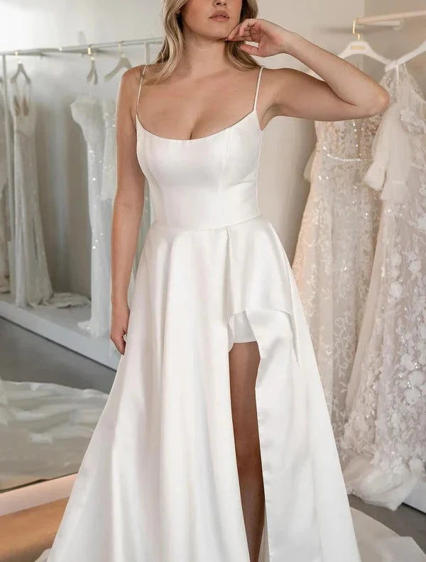 Simple A-Line Scoop Neck Satin Wedding Dresses with Slit
