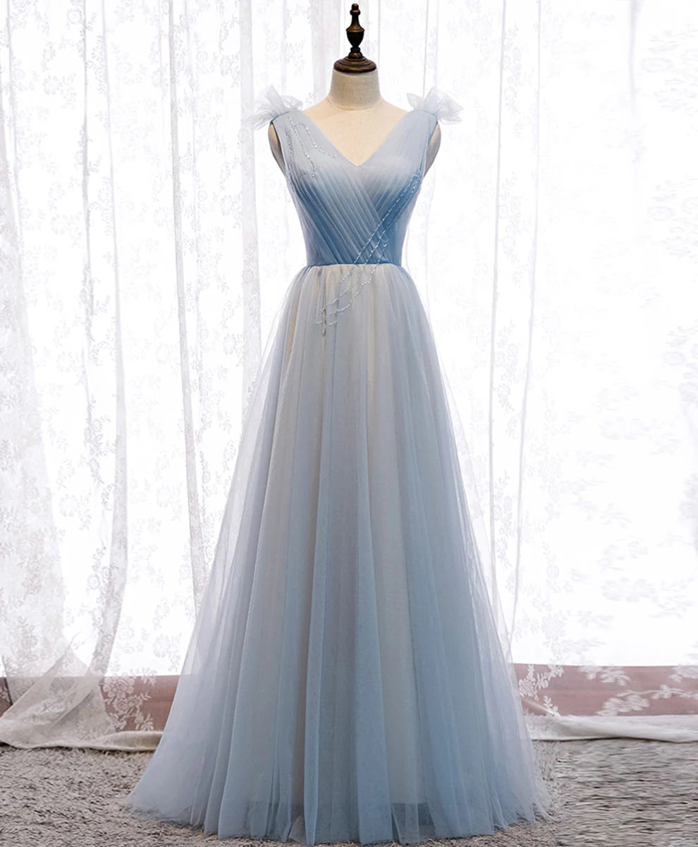 Blue V Neck Tulle Long Prom Dress Blue Formal Party Dresses