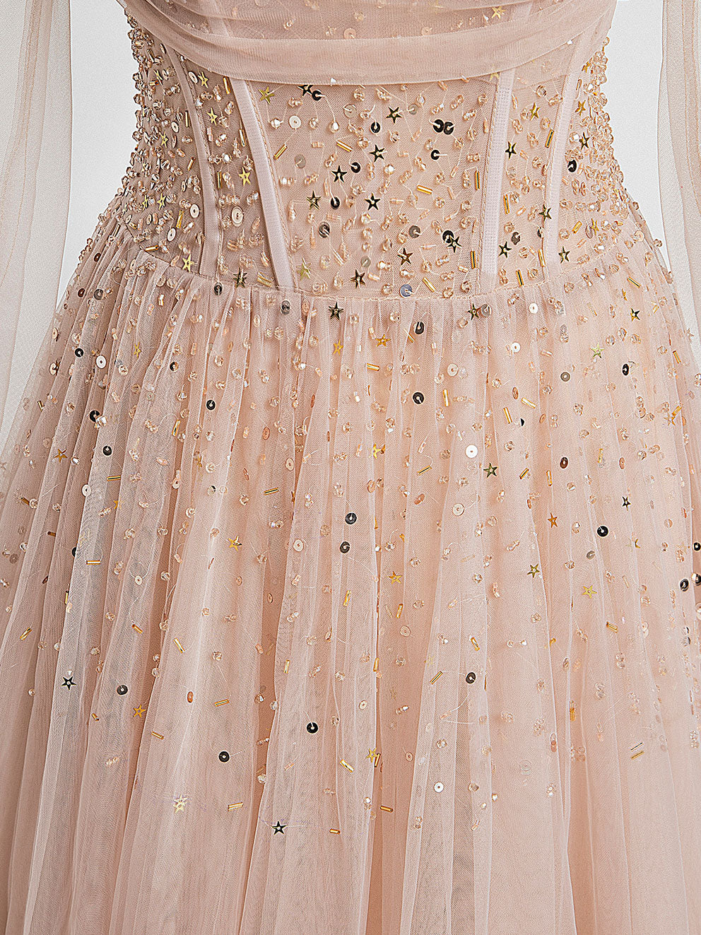 Tulle Beads Long Prom Dress Champagne Evening Dress