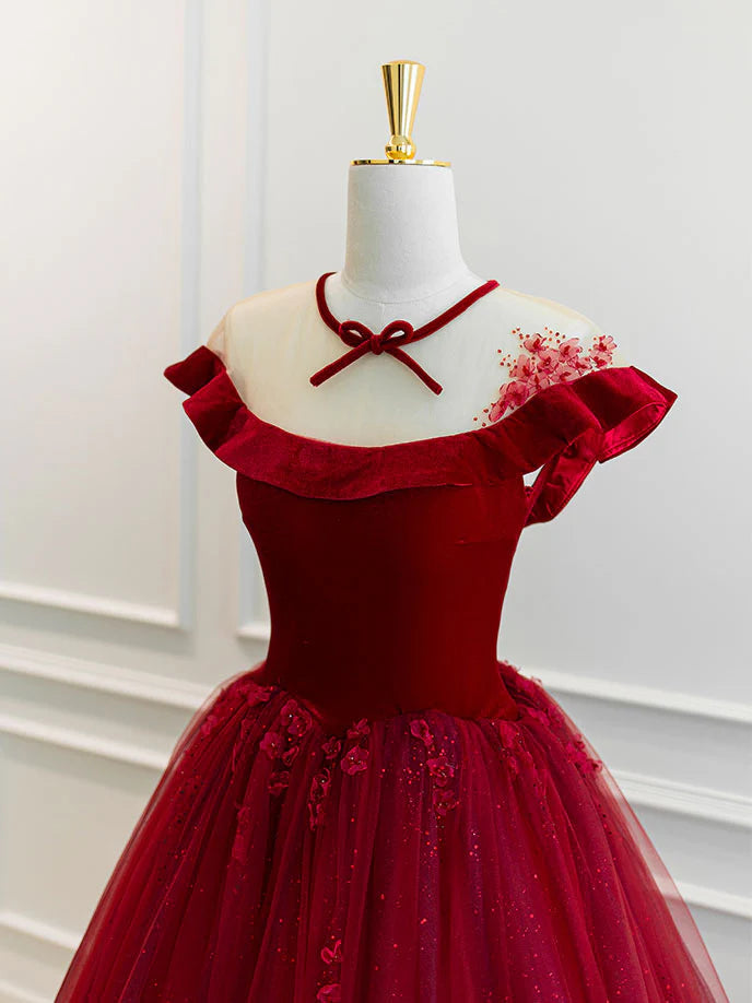 Round Neck Tulle Lace Long Prom Dress Burgundy Evening Dress