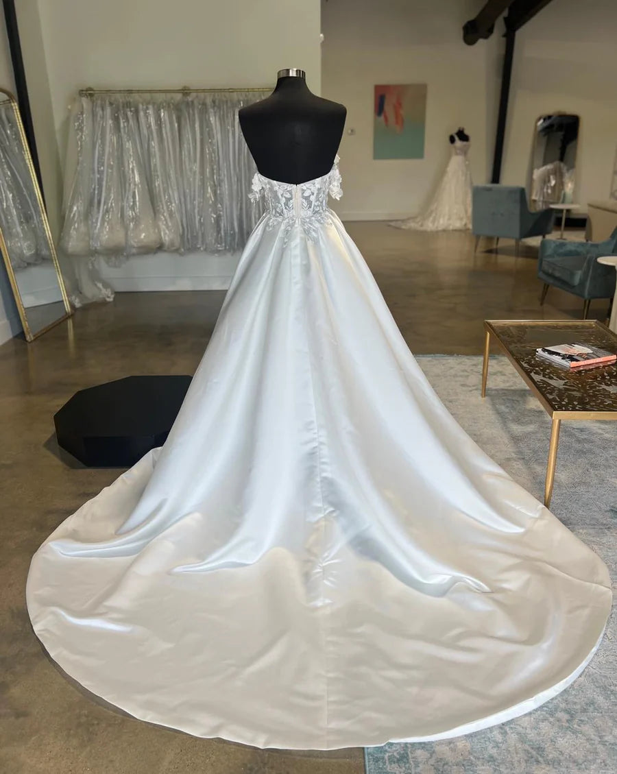 Satin Off-the-Shoulder Appliques Long Wedding Dress