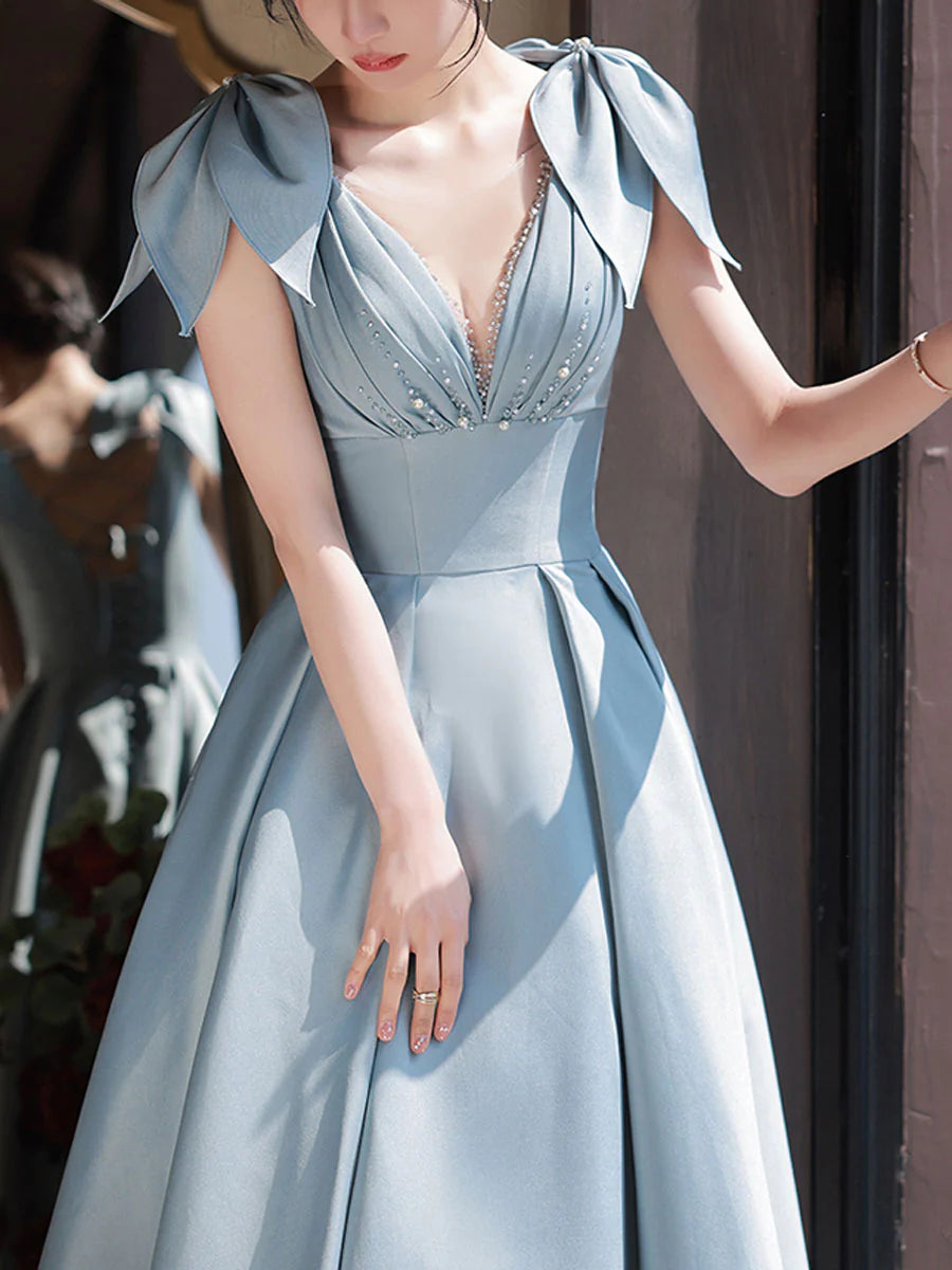 V Neck Satin Long Prom Dress Blue Satin Evening Dresses