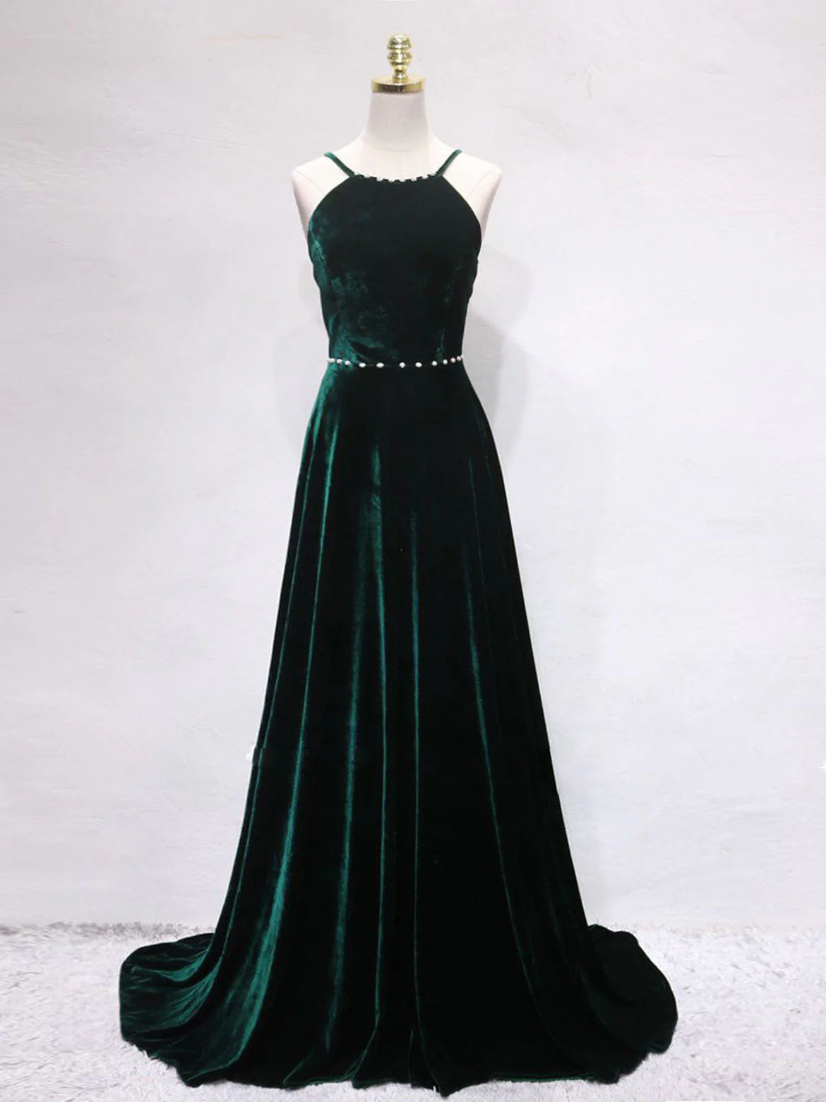 A-Line Backless Green Velvet Long Prom Dresses