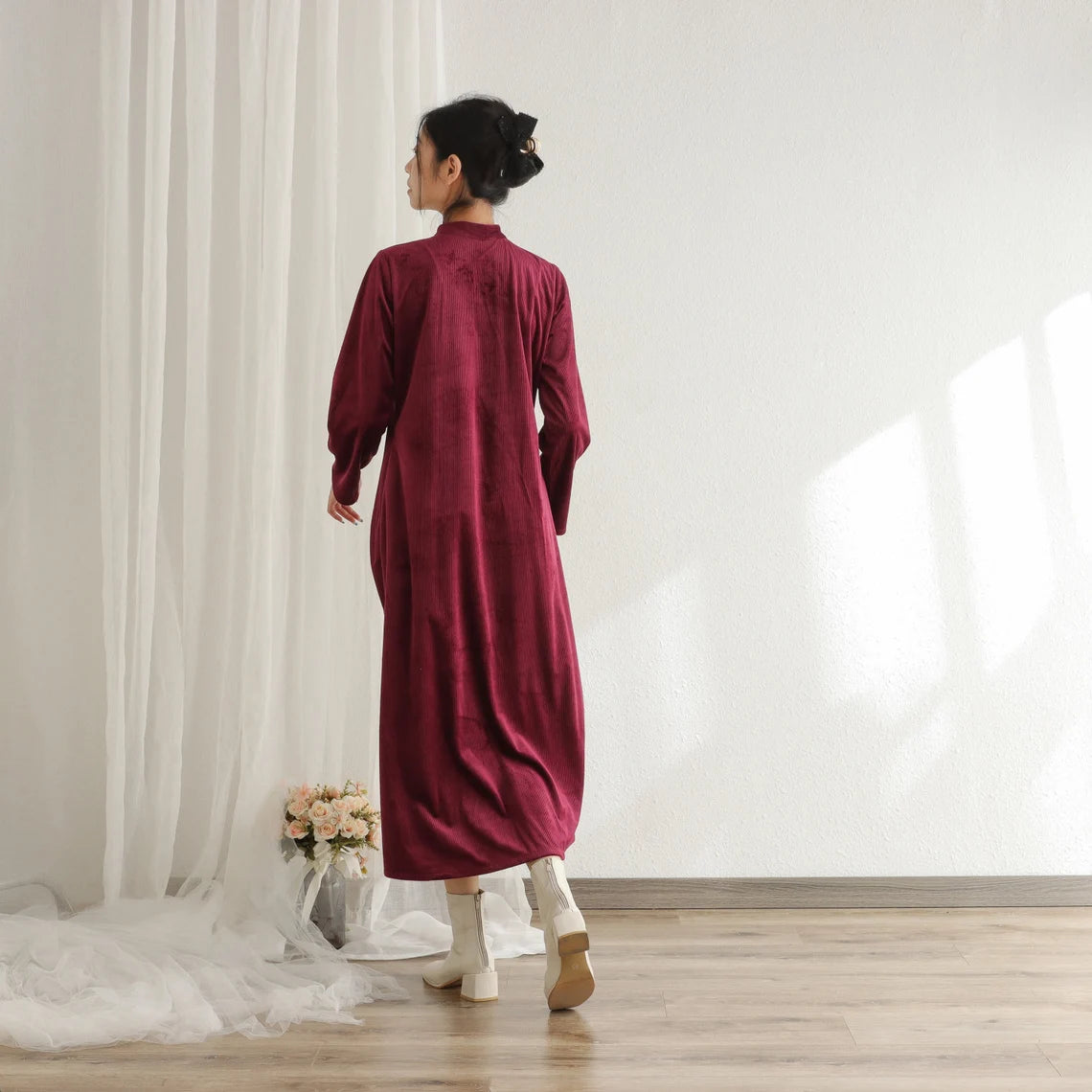 Women Soft Prom Dress Shirt Velvet Dress Long Sleeve Robe Party Dress Midi Dress Custom Dress