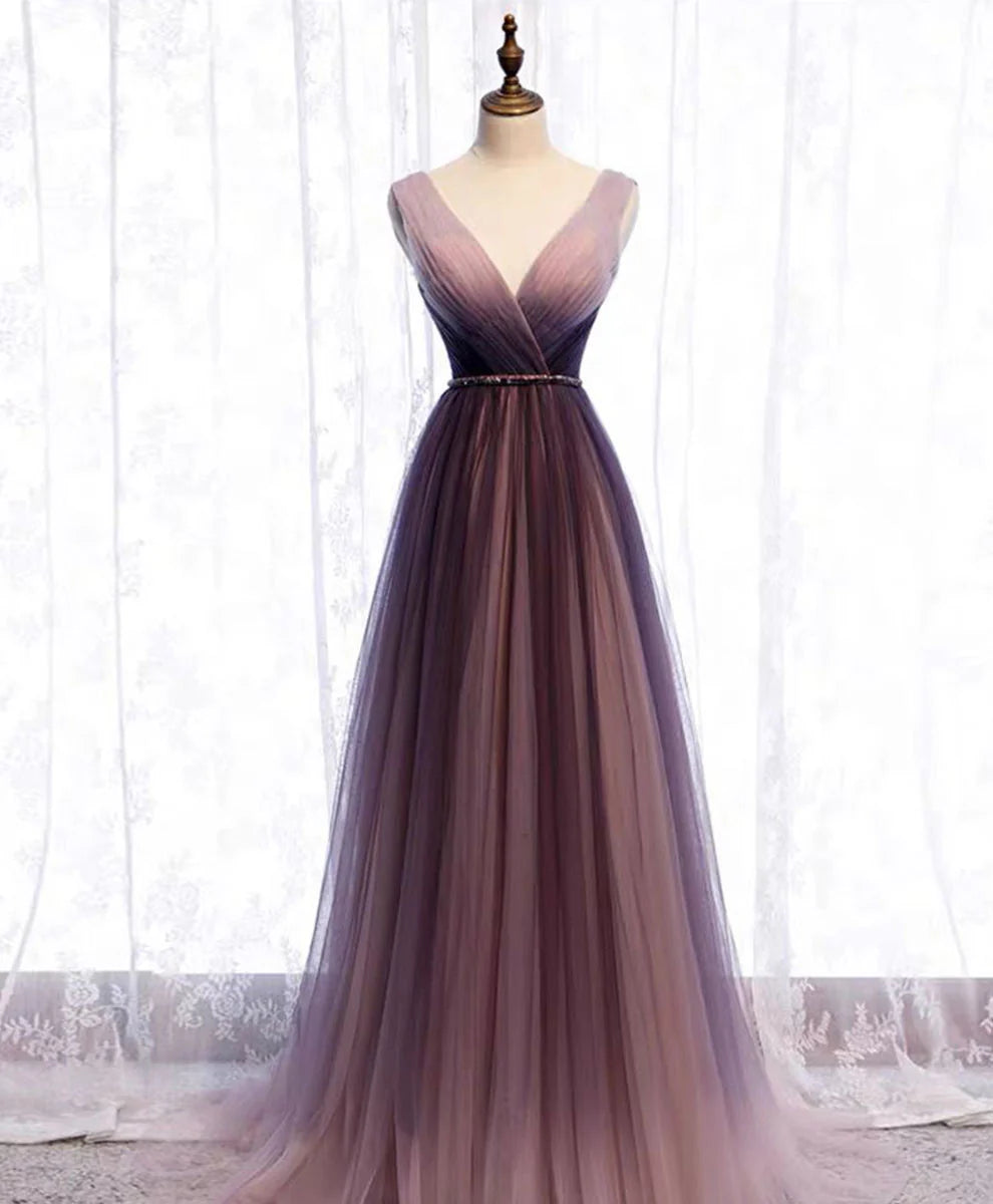 V Neck Tulle Long Prom Dress Tulle Evening Dress