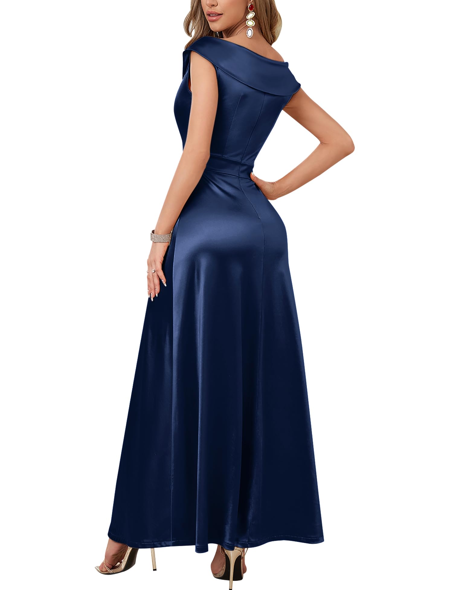 Navy Blue Women's Vintage 1950s V Neck Satin Cocktail Prom Floor Length Dress