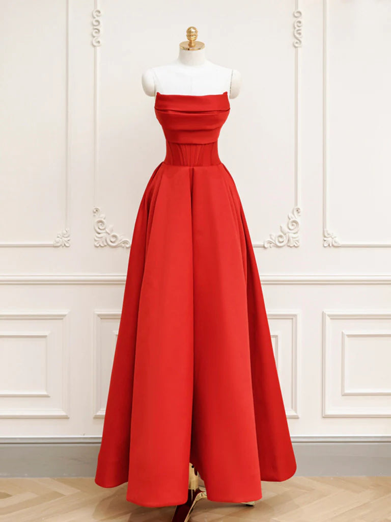A-Line Satin Long Prom Dress Red Long Formal Dress