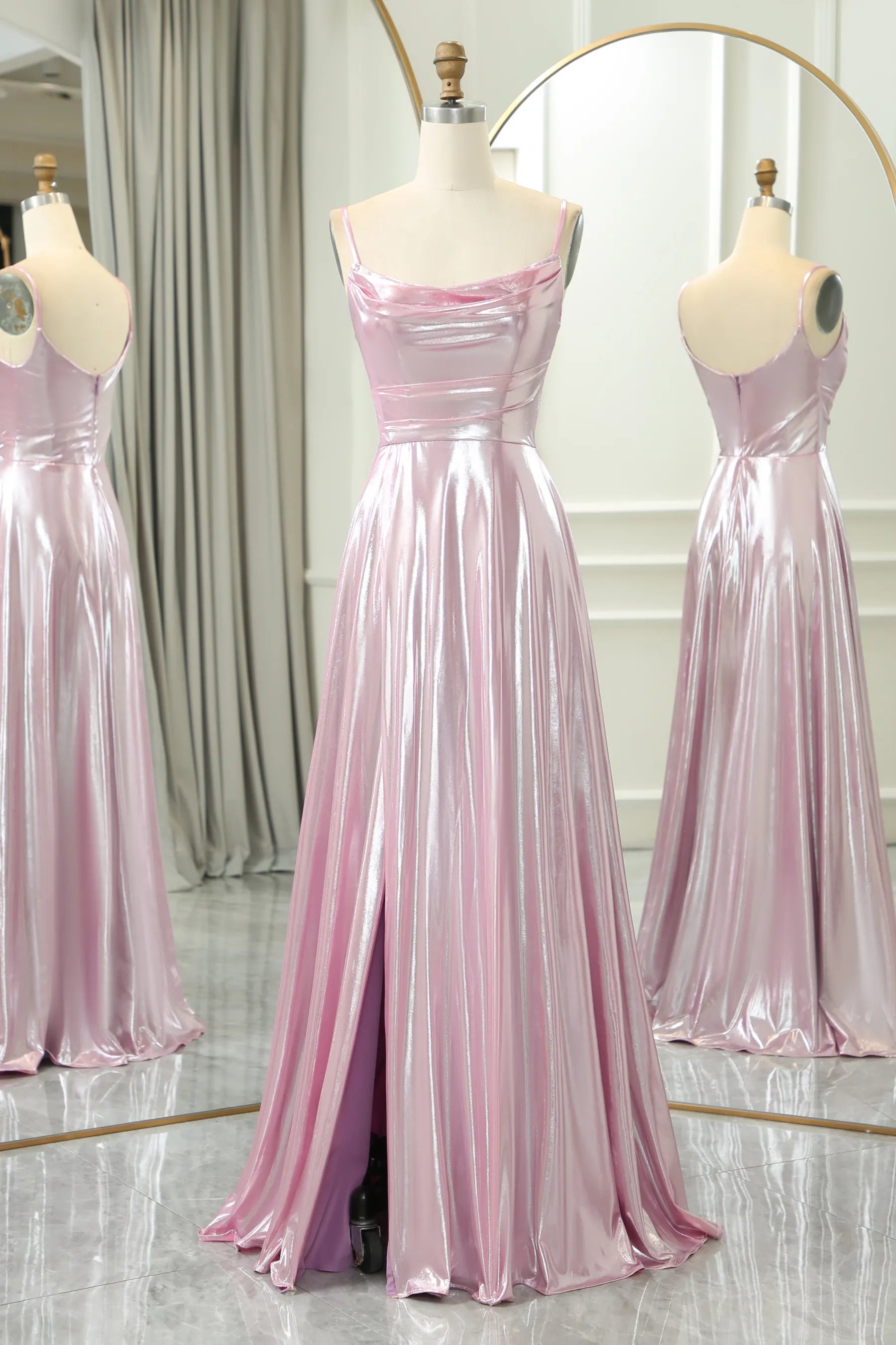 Pink A-Line Spaghetti Straps Long Prom Dress With Slit