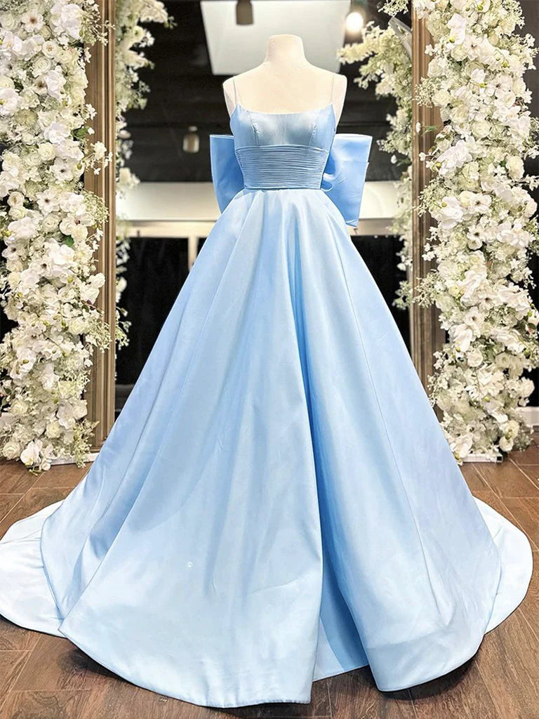A-Line Satin Blue Long Prom Dress Blue Long Graduation Dress