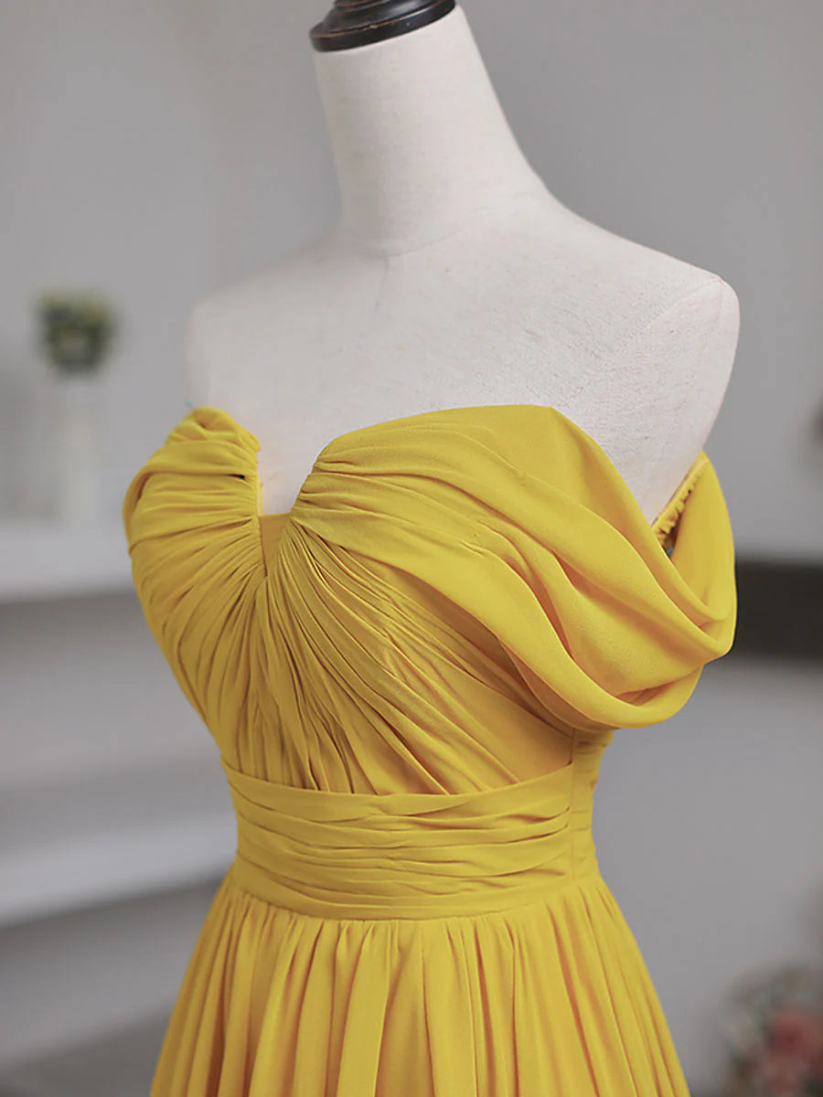 Yellow Off Shoulder Long Prom Dress Yellow Chiffon Graduation Dresses