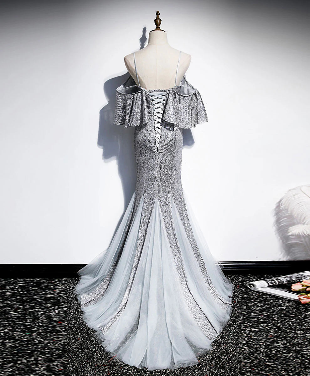 V Neck Sequin Mermaid Long Prom Dress Gray Formal Dress
