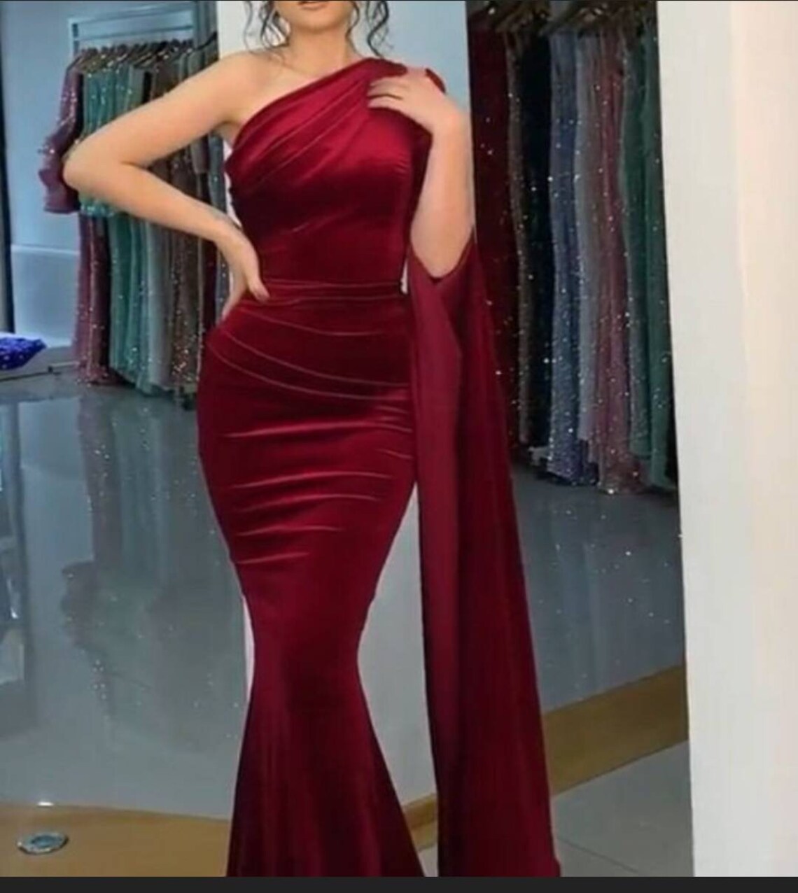 Burgundy one shoulder gown mermaid Velvet dress Prom dress