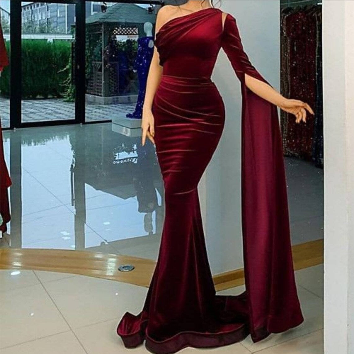 Burgundy one shoulder gown mermaid Velvet dress Prom dress
