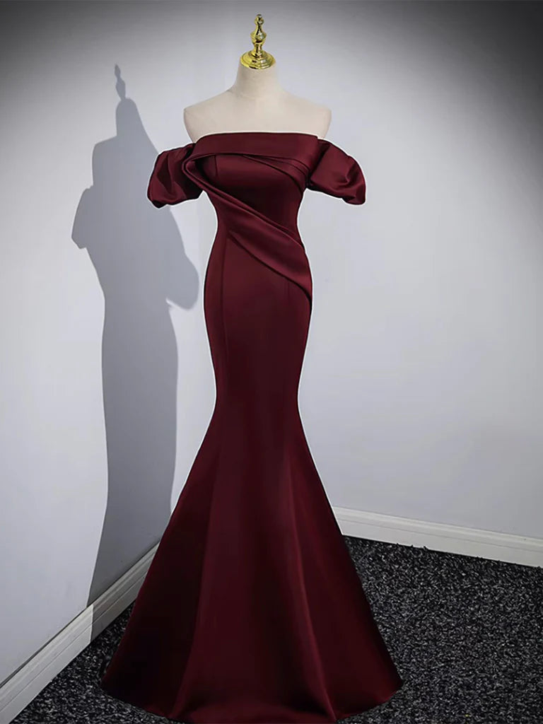 off Shoulder Satin Burgundy Long Prom Dress Burgundy Formal Dress