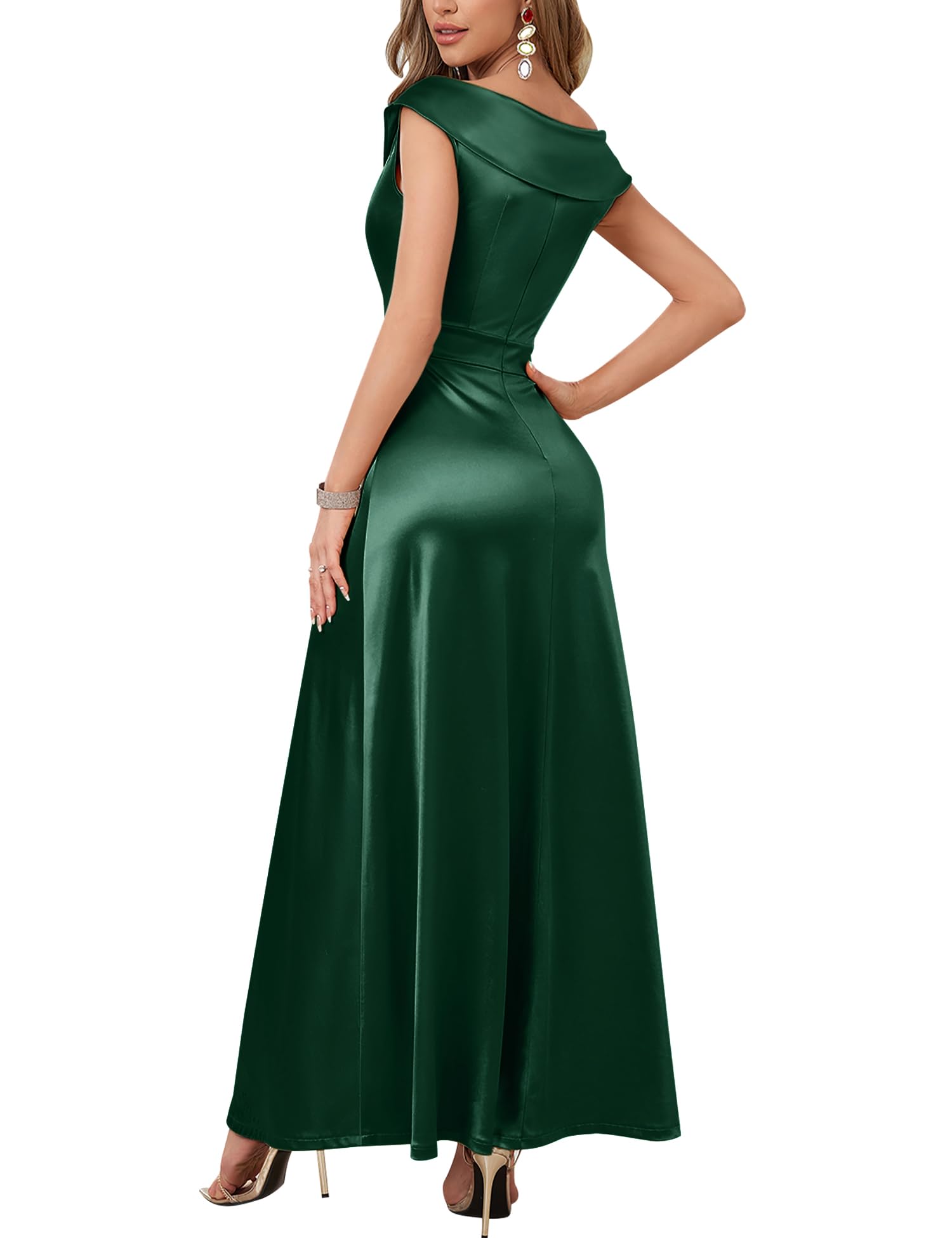 Dark Green Women's Vintage V Neck Satin Cocktail Prom Floor Length Dress
